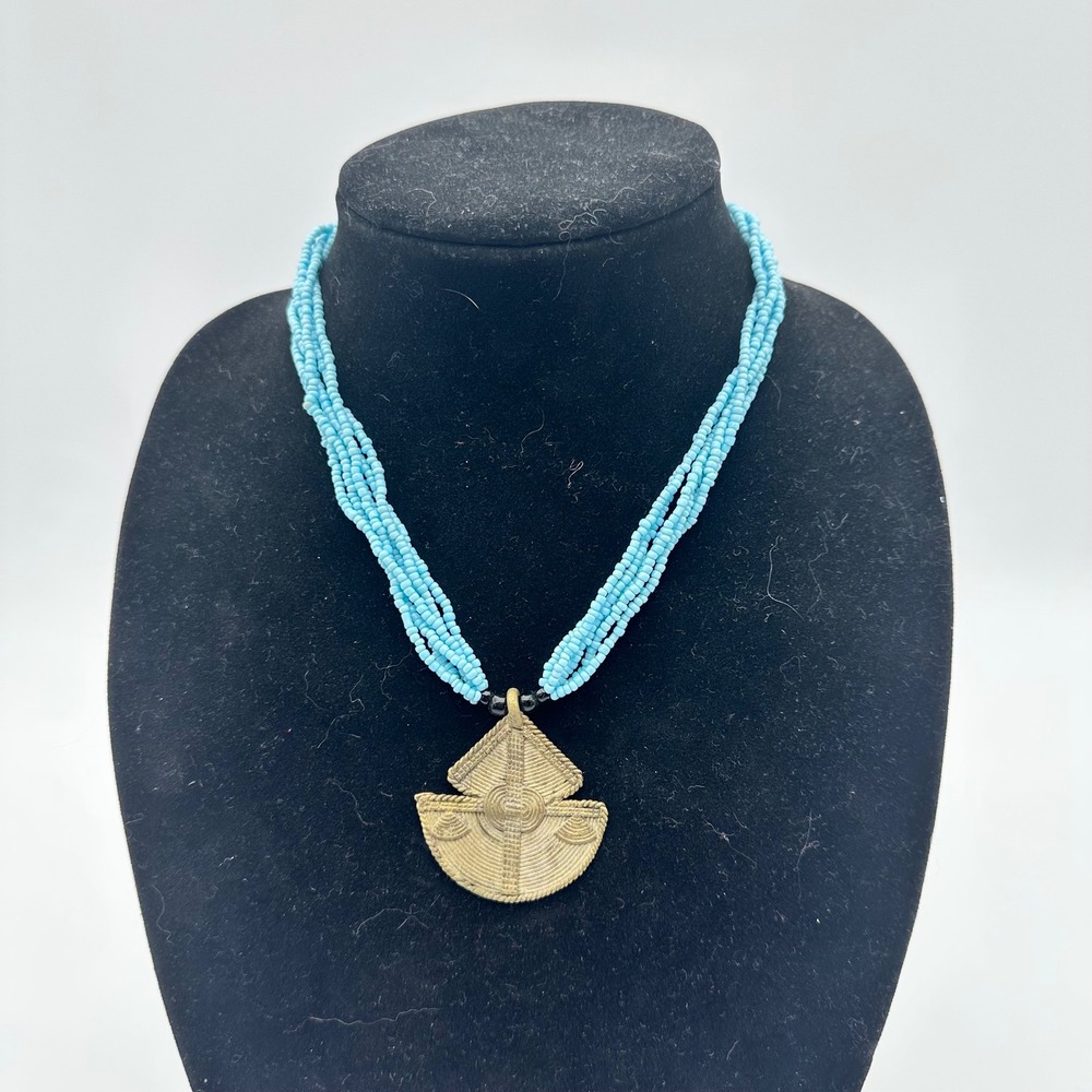 Vintage Tribal Necklace Turquoise Seed Beads with Chunky Brass Pendant Boho